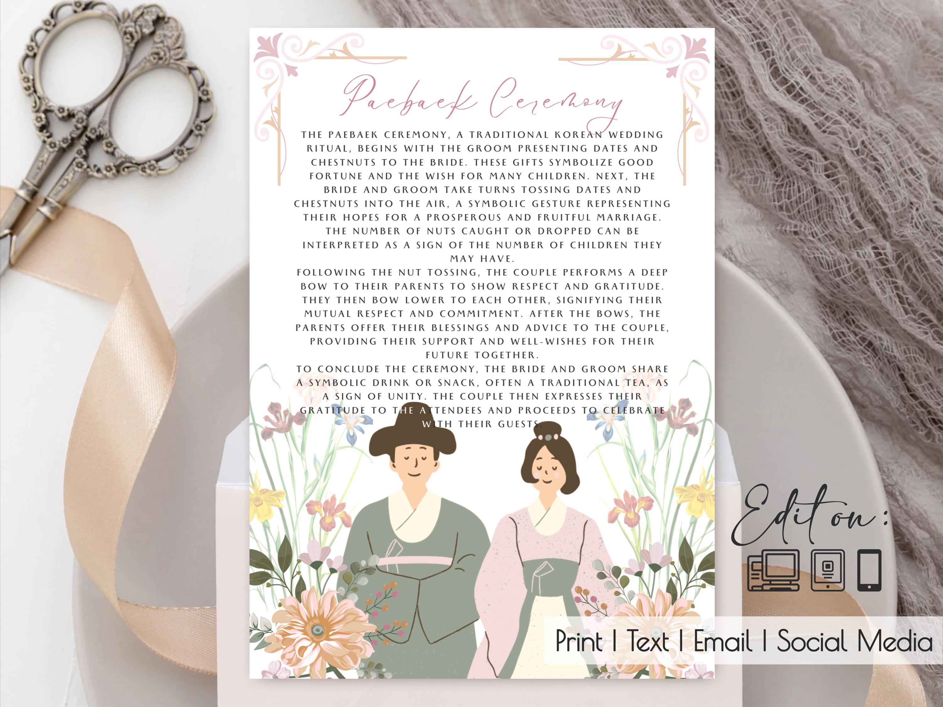 Korean Paebaek Ceremony Instruction Editable Template| 5x7"| Korean American Wedding Instruction| Minimalist| Floral| Portrait Invitation