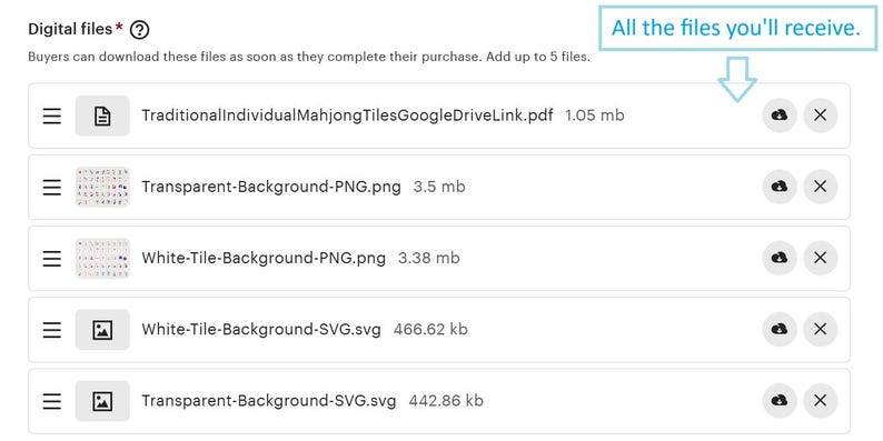 May include: Screenshot of a digital download listing on Etsy. The listing includes five files: a PDF file with a link to a Google Drive folder containing individual Mahjong tiles, a PNG file with a transparent background, a PNG file with a white tile background, an SVG file with a white tile background, and an SVG file with a transparent background. The files are available for download after purchase.