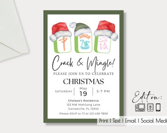 Pode incluir: Um cartão de convite verde e branco com uma ilustração em aquarela de três peças de Mahjong usando chapéus de Papai Noel. O texto diz "Crack & Mingle! Please join us to celebrate Christmas Saturday May 19 5-7 PM Chelsea's Residence 123 NW MahJong Lane Gainesville, FL 12345 Please RSVP to TJ at 123-456-7890 Editon: Print | Text | Email | Social Media"