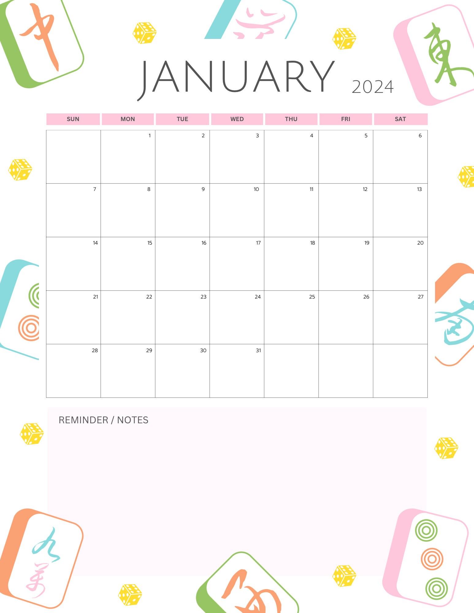 Printable 2024 Jan-dec Monthly Mahjong Planner Mahjong Lover Fun ...