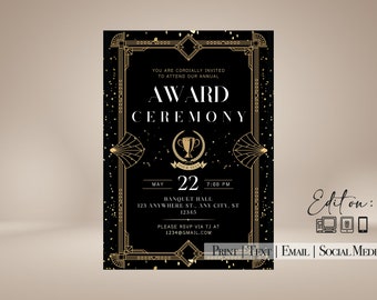 Könnte beinhalten: Eine schwarze und goldene Einladung mit geometrischem Design. Der Text lautet "Sie sind herzlich eingeladen, an unserer jährlichen Preisverleihung teilzunehmen" mit einem goldenen Trophäensymbol. Das Datum ist der 22. Mai um 19:00 Uhr. Der Ort ist Banquet Hall, 123 Anywhere St., Any City, ST 12345. Die Einladung enthält auch den Text "Bitte melden Sie sich bei TJ unter 1234@gmail.com an".