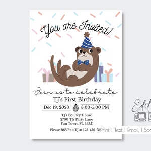 Invitación editable de nutria festiva/Niña/Niño/Invitación de primer cumpleaños/Colores editables/Personalizada/Invitación para cualquier edad/Editar en línea/Evite