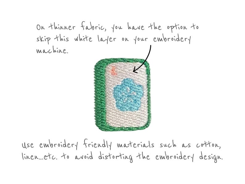 May include: An embroidered patch with a green border, white center, and a light blue floral design. The image includes handwritten text advising on embroidery techniques and material selection for optimal results.
