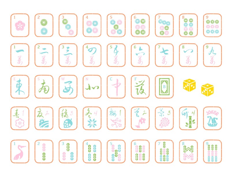 K&ouml;nnte beinhalten: Eine Sammlung farbenfroher Mahjong-Steine mit verschiedenen Symbolen und Zahlen, darunter Blumen, Kreise und chinesische Schriftzeichen. Die Steine sind in Rosa-, Blau-, Gr&uuml;n- und Gelbt&ouml;nen gehalten und haben einen hellbraunen Rand. Zwei gelbe W&uuml;rfel sind ebenfalls enthalten.