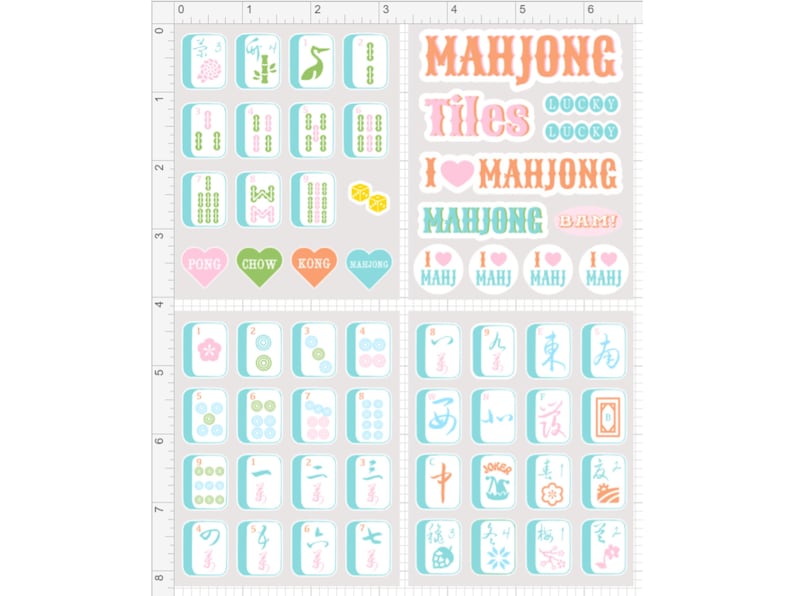 K&ouml;nnte beinhalten: Ein Stickerbogen mit Mahjong-Motiven. Die Aufkleber zeigen Mahjong-Steine, Herzen mit W&ouml;rtern wie "PONG" und "CHOW" sowie Text mit den W&ouml;rtern "MAHJONG" und "Tiles". Die Farbpalette umfasst Pastellt&ouml;ne in Rosa, Blau und Gr&uuml;n.
