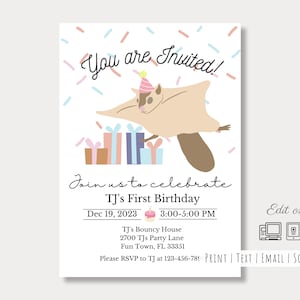 Festive Flying Squirrel Editable Invitation| 7x5| Easy Edit Online| Birthday| Any Age | More Crisp Image than Preview| High Resolution| DIY