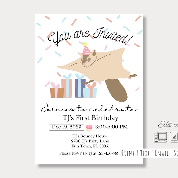 Festive Flying Squirrel Editable Invitation| 7x5| Easy Edit Online| Birthday| Any Age | More Crisp Image than Preview| High Resolution| DIY