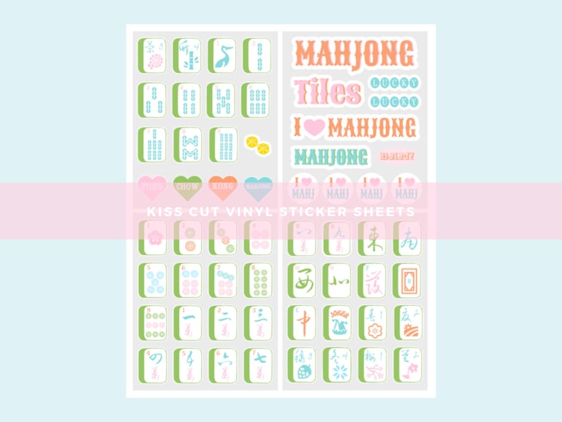 K&ouml;nnte beinhalten: Kiss-Cut-Vinyl-Aufkleberb&ouml;gen mit farbenfrohen Mahjong-Kacheln und Text. Die Aufkleber enthalten S&auml;tze wie "Mahjong Tiles" und "I Mahjong" in verschiedenen Schriftarten und Farben, ideal zum Basteln und Dekorieren.