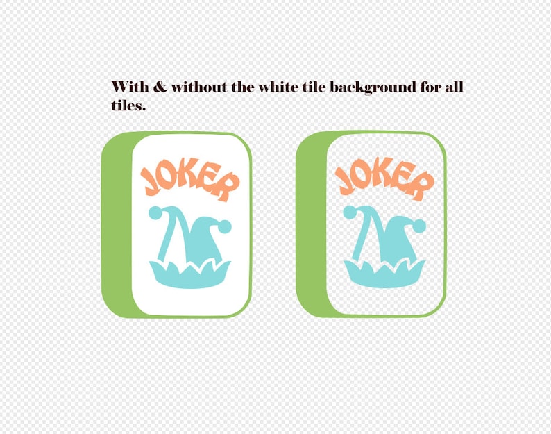 Op de afbeelding: Twee groene en witte dominostenen met een jokerontwerp. De joker is afgebeeld als een narrenmuts met twee bellen erop. Het woord "JOKER" staat in oranje letters op de steen.