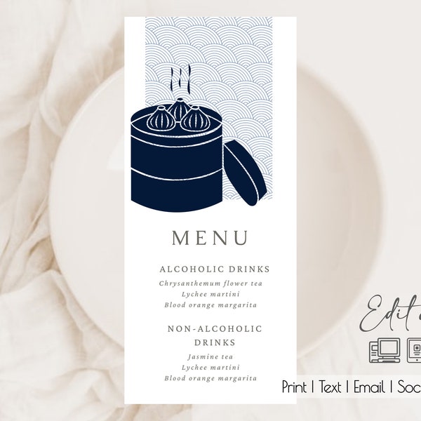 Menu de boissons modifiables Dim Sum| 4x9| Douche de bébé| Anniversaire| Anniversaire| Brunch| Cuisine asiatique| Amant DimSum| Mariage| Douche nuptiale| N'importe quelle occasion