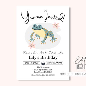 Cute Frog Editable Invite| Girl| Boy| 1st Birthday Invitation| Colors Editable| Personalized| Any Age Invitation| Edit Online| Evite