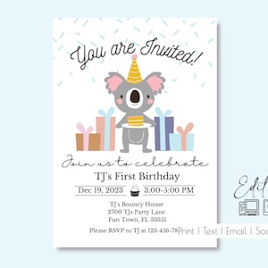 Festive Koala Editable Invite| Girl| Boy| 1st Birthday| Baby Shower | Gender Reveal| Party| Any Age and Occasion Invite| Edit Online| Evite