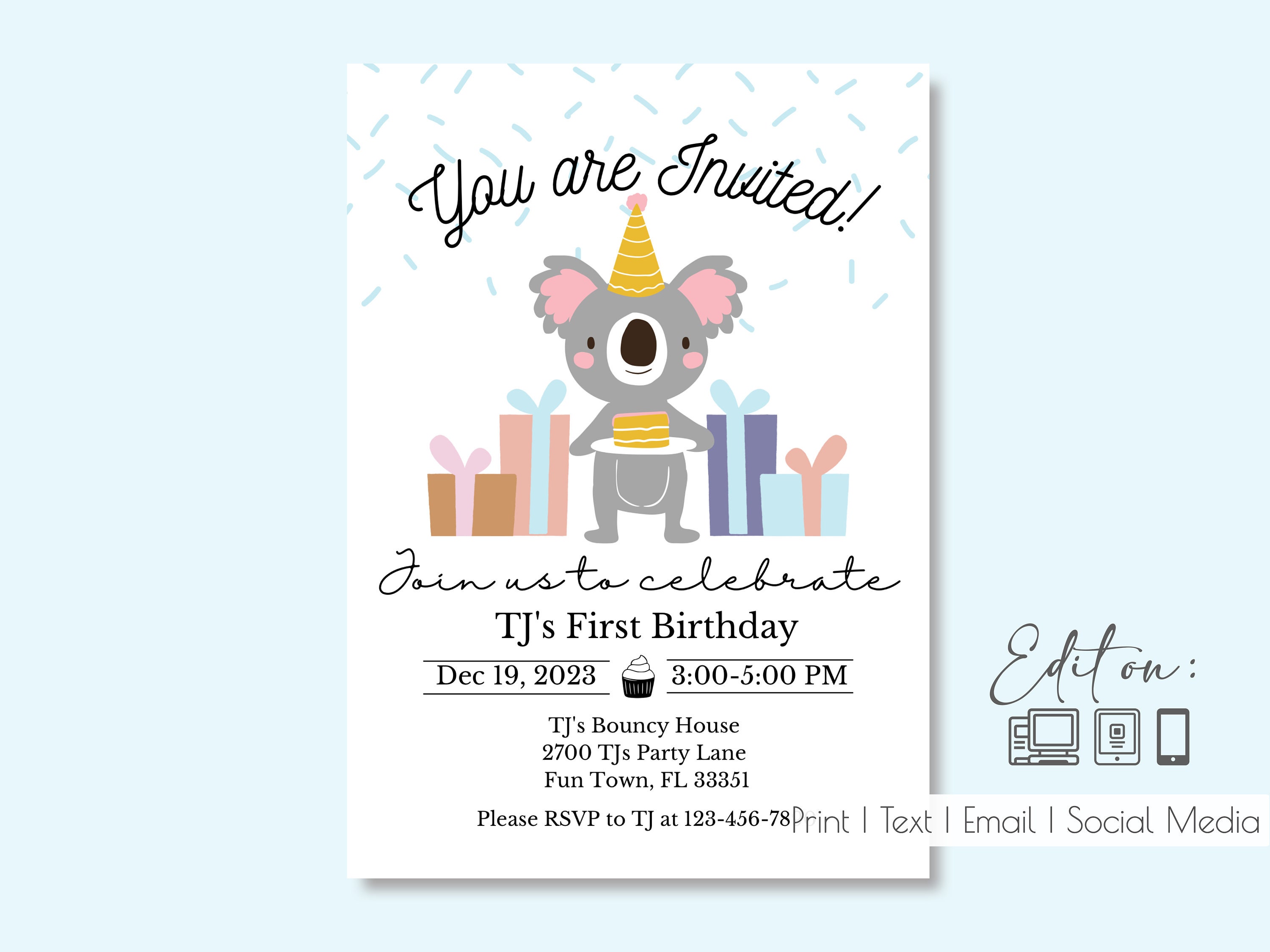 Festive Koala Editable Invite| Girl| Boy| 1st Birthday| Baby Shower ...