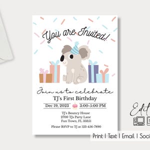 Confetti Koala Editable Invite| Girl| Boy| 1st Birthday| Baby Shower | Gender Reveal| Party| Any Age and Occasion Invite| Edit Online| Evite