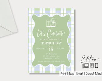 May include: A birthday invitation with a green and white plaid background and a light green wavy border. The invitation reads "Let's Celebrate!" and includes the date, time, and location of the event.