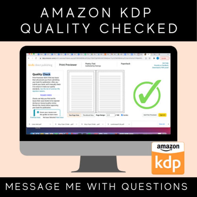 K&ouml;nnte beinhalten: Ein Computermonitor, der die Amazon KDP Quality Checked-Oberfl&auml;che anzeigt. Der Bildschirm zeigt eine Buchvorschau mit einem gr&uuml;nen H&auml;kchen, das die Genehmigung anzeigt. Das Amazon KDP-Logo ist sichtbar. Der Text oben lautet "AMAZON KDP QUALITY CHECKED".