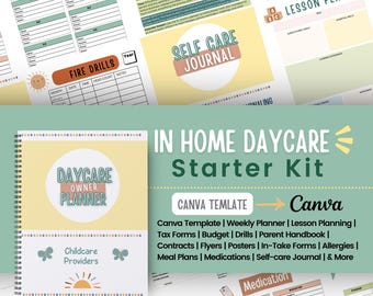 May include: A collection of printable daycare planning templates. Includes a Daycare Owner Planner, Lesson Plan, Self Care Journal, and forms for fire drills, medications, and time records. The kit is a Canva template.