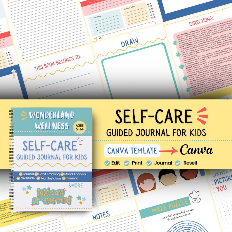 Self Care Guided Journal for Kids | Canva Template | Printable PDF ...
