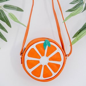 Orange fruit children leather shoulder bag, Handmade citrus bag for kids,  Genuine leather purse  for a toddler,