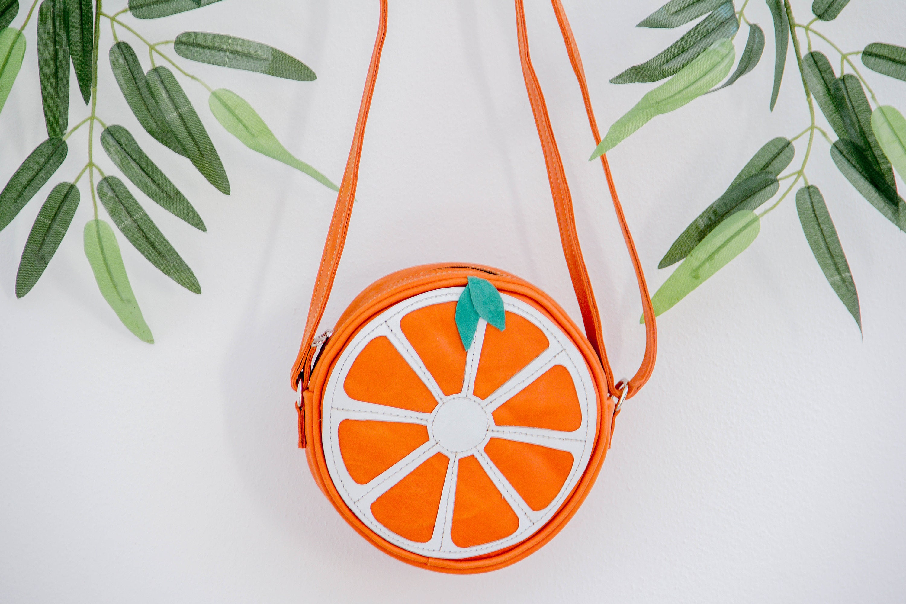 Orange Fruit Children Leather Shoulder Bag Handmade Citrus Bag for Kids Genuine Leather Purse for A Toddler