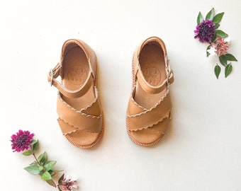 Handmade leather sandals for girls, Brown crossover kids summer shoes, Classic toddlers  sandals open toe