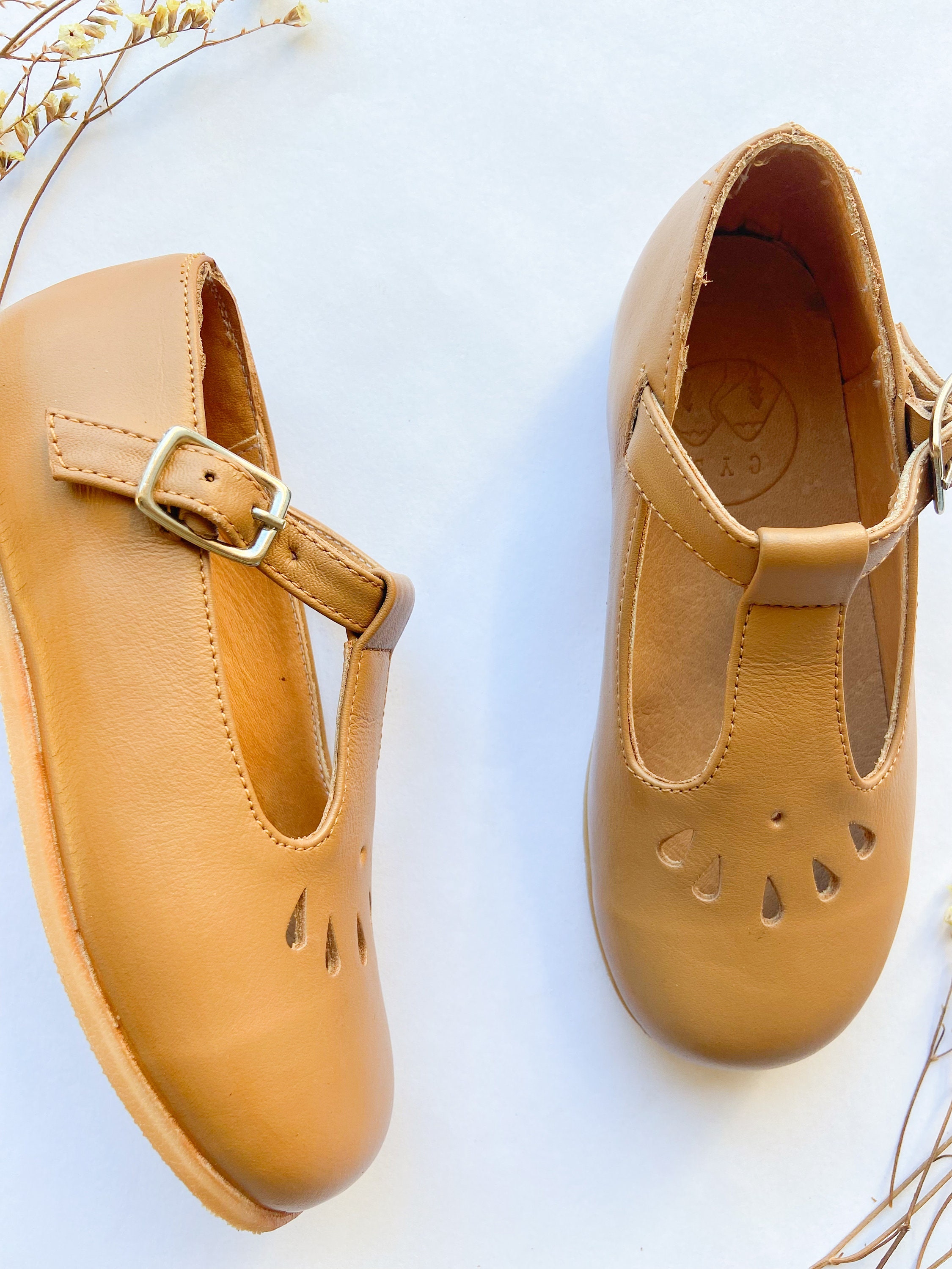 Tan Leather Mary Jane Tbar Shoes for Little Girls, Moccasin Shoes T