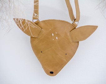 Toddlers leather shoulder bag, Handmade deer bag for kids, Funny forest animal purse  for a little girl