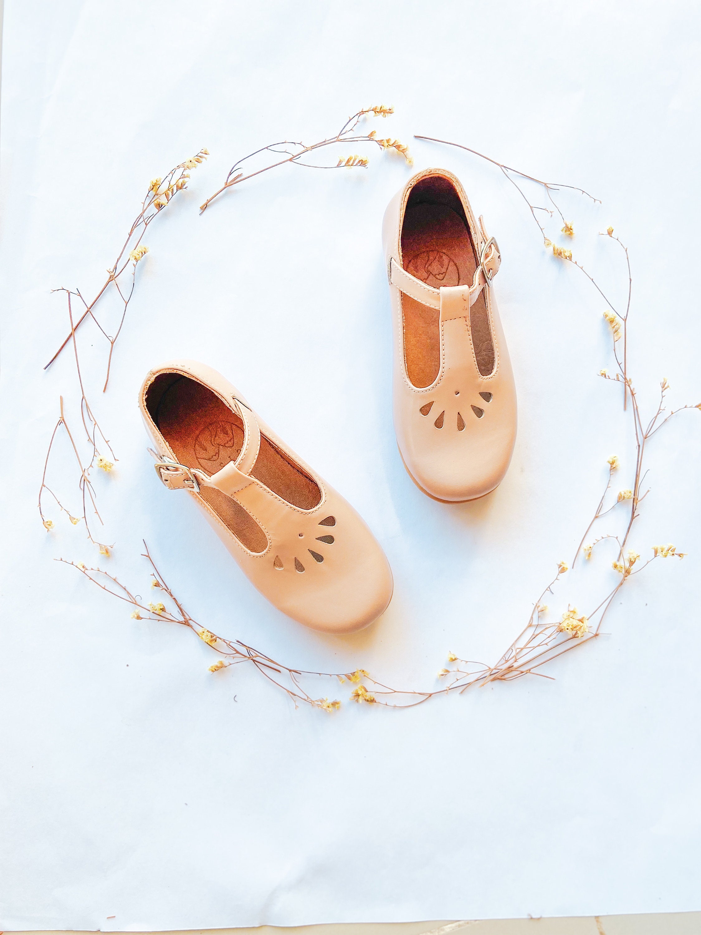 Tan Leather Mary Jane Tbar Shoes for Little Girls, Moccasin Shoes T