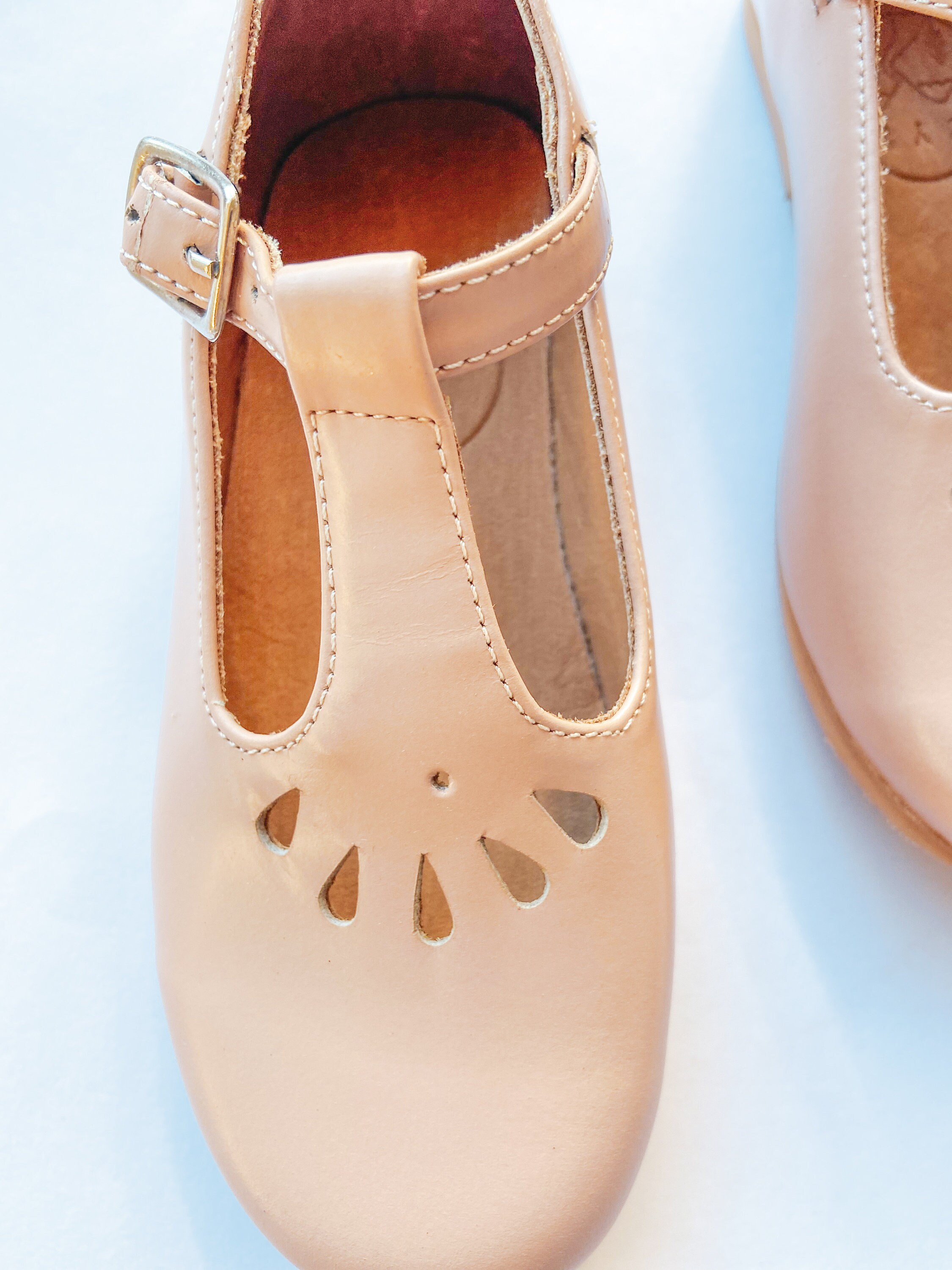 Tan Leather Mary Jane Tbar Shoes for Little Girls, Moccasin Shoes T
