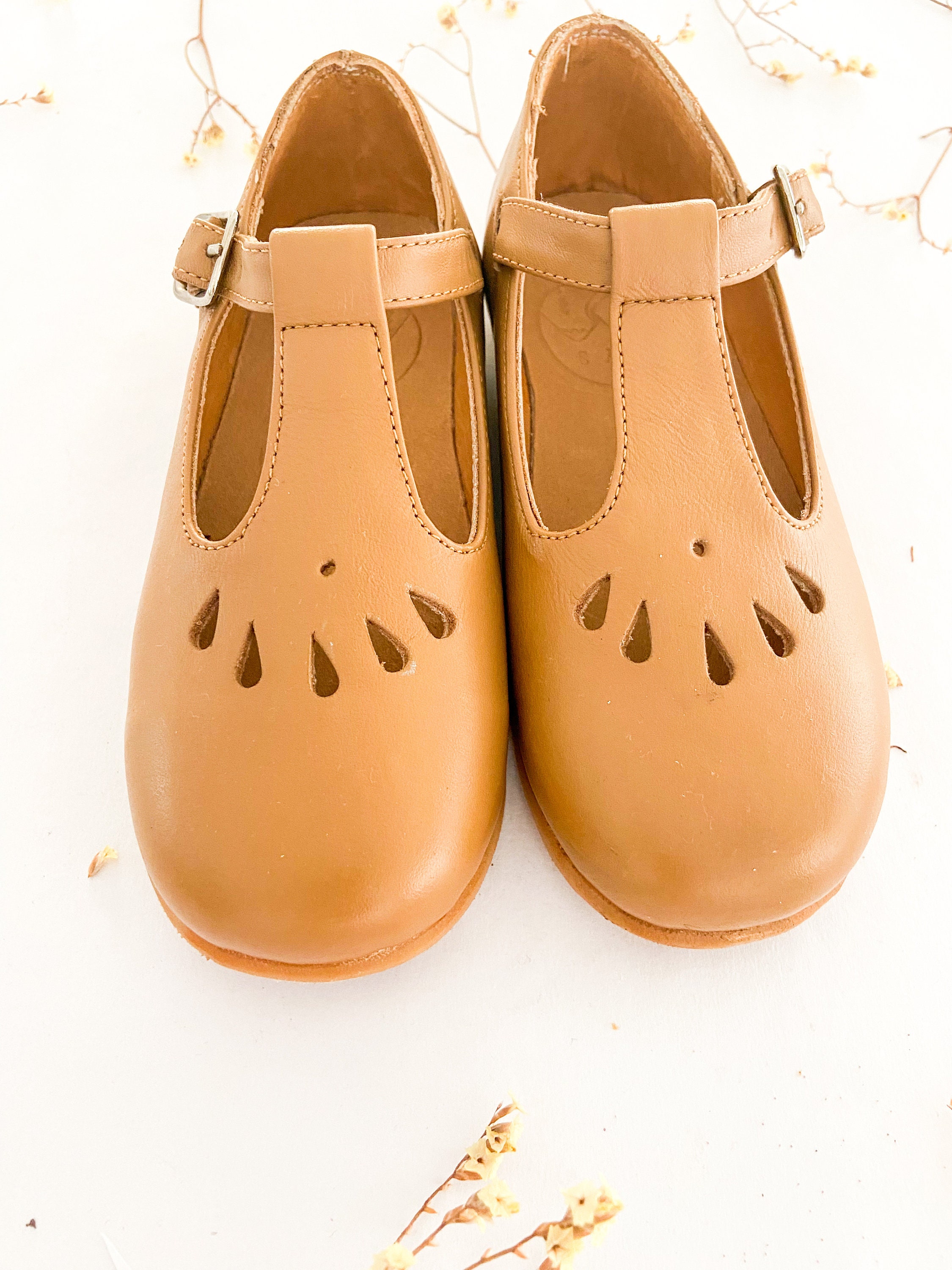 Tan Leather Mary Jane Tbar Shoes for Little Girls, Moccasin Shoes T