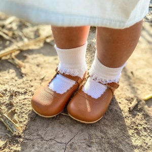 Brown Mary Jane Shoes for toddler girl, Little girl leather shoes, Tan leather toddler Mary Jane with beautiful detailing image 7