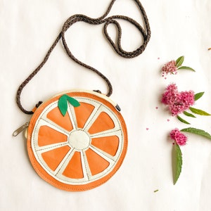 Genuine leather purse for toddler gift, Mini Leather bag with orange design, Original citrus  bag for kids