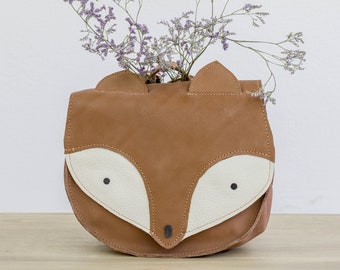 Children’s backpack  fox-shape, toddlers leather forest bag, Brown kindergarten animal shaped bag