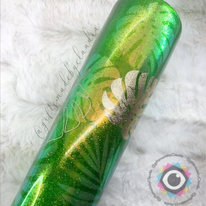 Custom Monstera Tumbler – Tropical Green Leaf Watercolor Cup, Plant Lover Gift, Personalized Glitter Tumbler, Jungle Aesthetic Drinkware