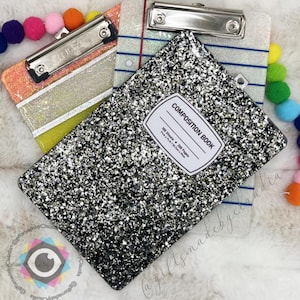 Cute and Unique Glittered Clipboard. Teacher clipboard. Pencil, notebook page, or composition book Personalized design