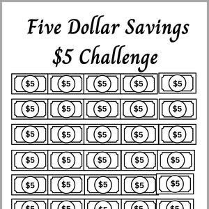 Pode incluir: Um gráfico imprimível preto e branco com o texto "Five Dollar Savings $5 Challenge" e uma grade de 60 círculos, cada um contendo o texto "$5". O valor total é de $300.