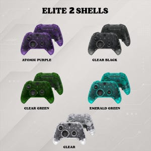 May include: A collection of Elite 2 shells for game controllers in five transparent colors: atomic purple, clear black, clear green, emerald green, and clear. Each set includes a front and back shell piece displayed with its corresponding color name.