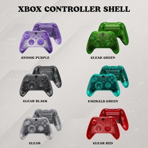 May include: A collection of Xbox controller shells in six transparent colors: atomic purple, clear green, clear black, emerald green, clear, and clear red. Each set includes a front and back shell piece displayed with its corresponding color name.