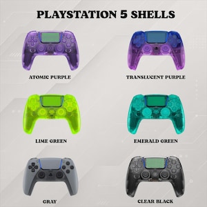 May include: Playstation 5 shells featuring six controller faceplates in various colors. The options include atomic purple, translucent purple, lime green, emerald green, solid gray, and clear black. Each shell displays the standard controller layout.