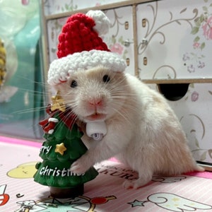 Puede incluir: Un hámster blanco con un gorro de Papá Noel de crochet rojo y blanco y un collar con una campanita blanca, sosteniendo un pequeño árbol de Navidad verde con la inscripción "Merry Christmas".
