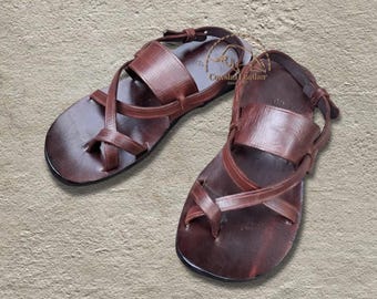 Handmade Leather Cross Strap Sandals, Brown Rustic Sandals, Unisex Boho Style