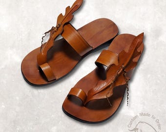 Handmade Tan Leather Leaf Sandals, Boho Slip-On Unisex Footwear