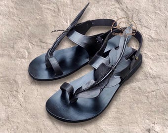 Handmade Black Leather Sandals: Unisex Boho Style