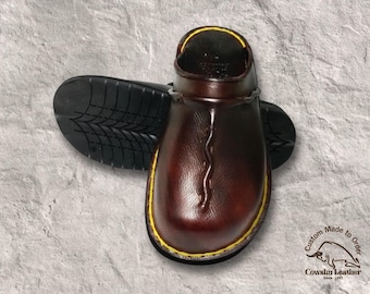 Burnished Leather Clogs, Hand Stitched Rustic Mule Shoes, Full Grain Footwear