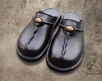 Custom Full Grain Leather Clogs, Rustic Slip-On Mules, Cowrie Shell Detail