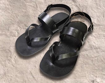 Handmade Black Leather Strappy Sandals: Unisex Boho Style