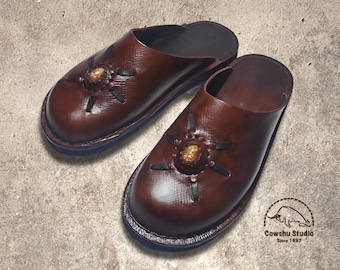 Custom Made Full Grain Leather Clogs, Rustic Slip On Mules, Handmade Unisex Artisan Shoes