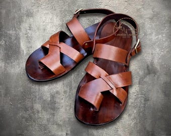 Handmade Genuine Leather Cross Sandals, Unisex Boho Ankle Strap Style