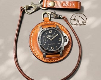 Handmade Tan Leather Watch Saddle, Hand Stitched Pocket Watch Holder, Full Grain Strap