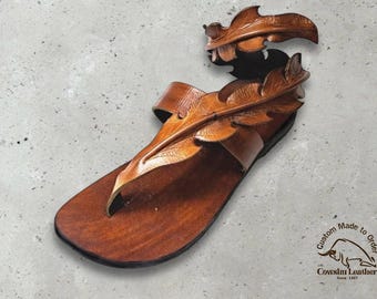 Handmade Leaf Leather Sandals, Boho Full Grain Slides, Artisan Nature Footwear
